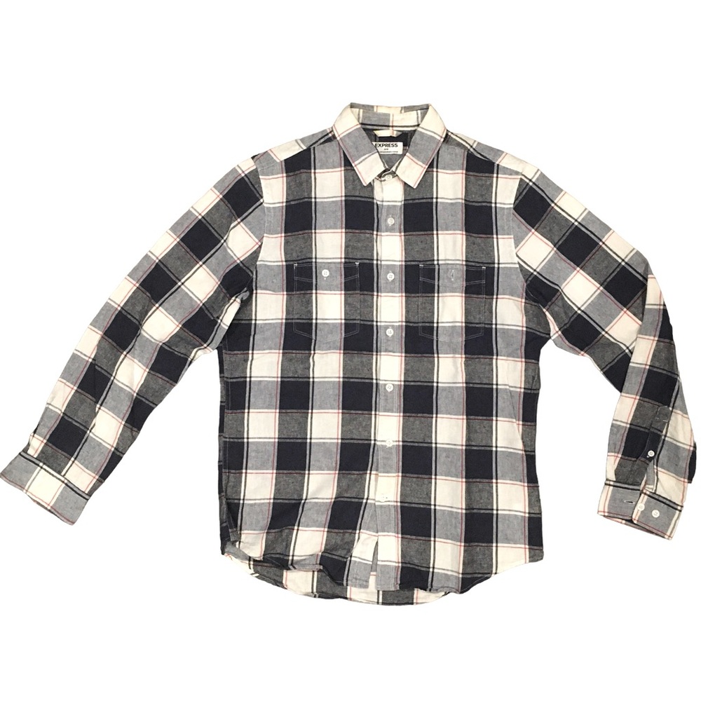 Express Mens Cotton Flannel Plaid Button Up Shirt Size Medium Blue White